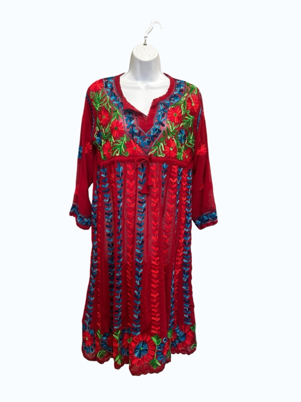 Boho Red Heavily Embroidered Sheer Kaftan Coverup Dress - Size S